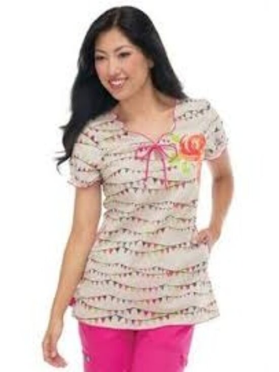 Koi By Kathy Peterson Tops - Koi Kathy Peterson 100% Cotton Pink Green Floral Flag Nurse Medical Scrub Top XS